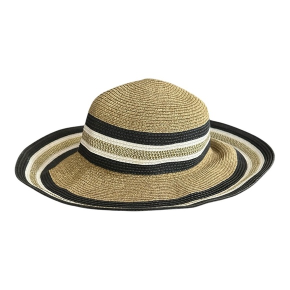 Women’s Straw Sun Floppy Packable Wide Beach Hat Gold Mix Tan and Black Sun Hat - Picture 4 of 12
